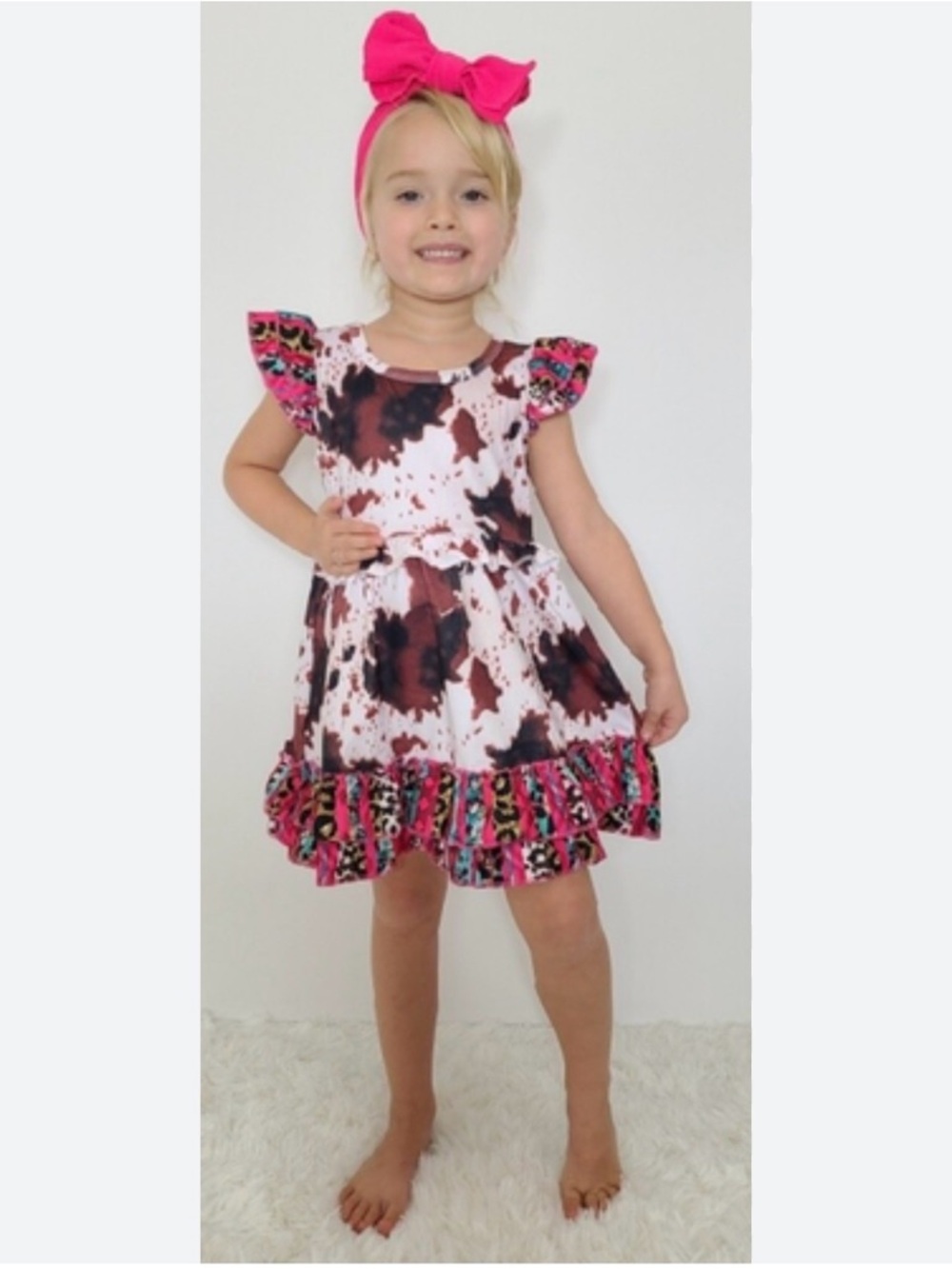 Girls Pink & Brown Ruffle Hem Casual Dress with cow print 3t